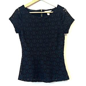 Banana Republic Lace Peplum Short Sleeve Top Sz 2 Black Office Party Whimsigoth